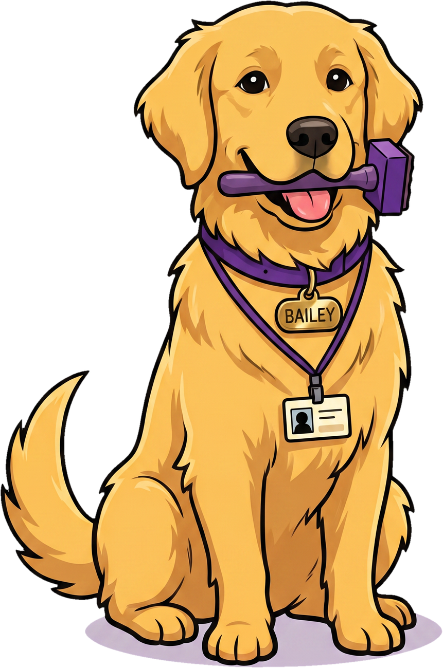 Bailey, a golden retriever wearing a name tag, holding a purple rubber stamp