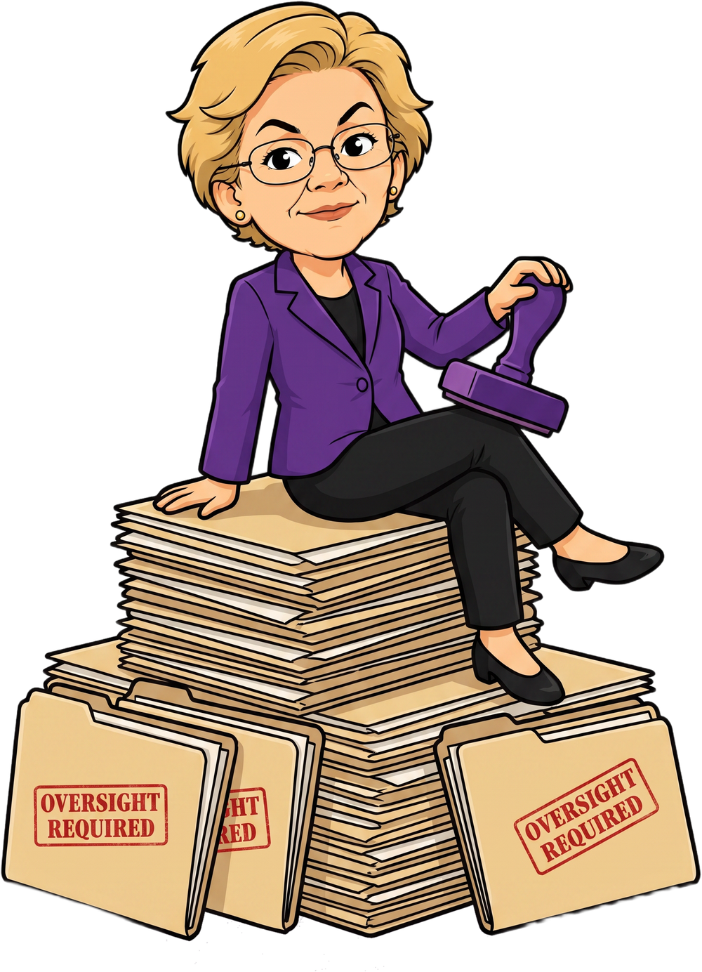 Elizabeth Warrant seated on a stack of case files stamped OVERSIGHT REQUIRED, a violet stamp in her hand