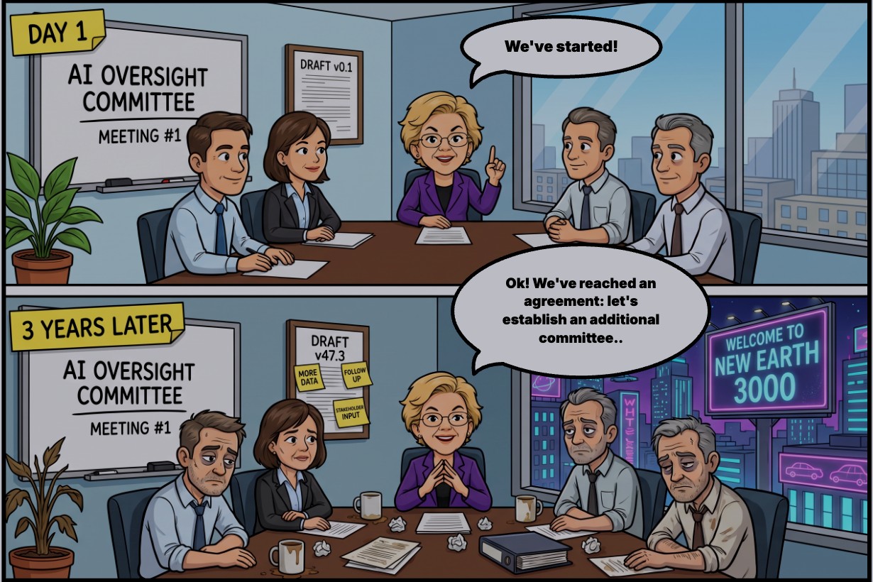 An AI oversight committee on day one and three years later, still on meeting one