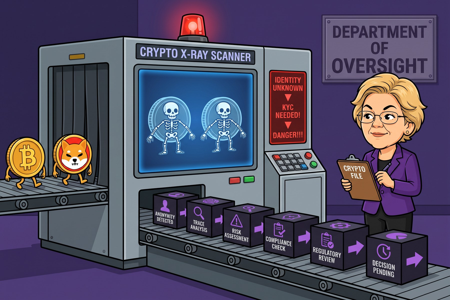 Two coins pass through a crypto X-ray scanner that reports identity unknown