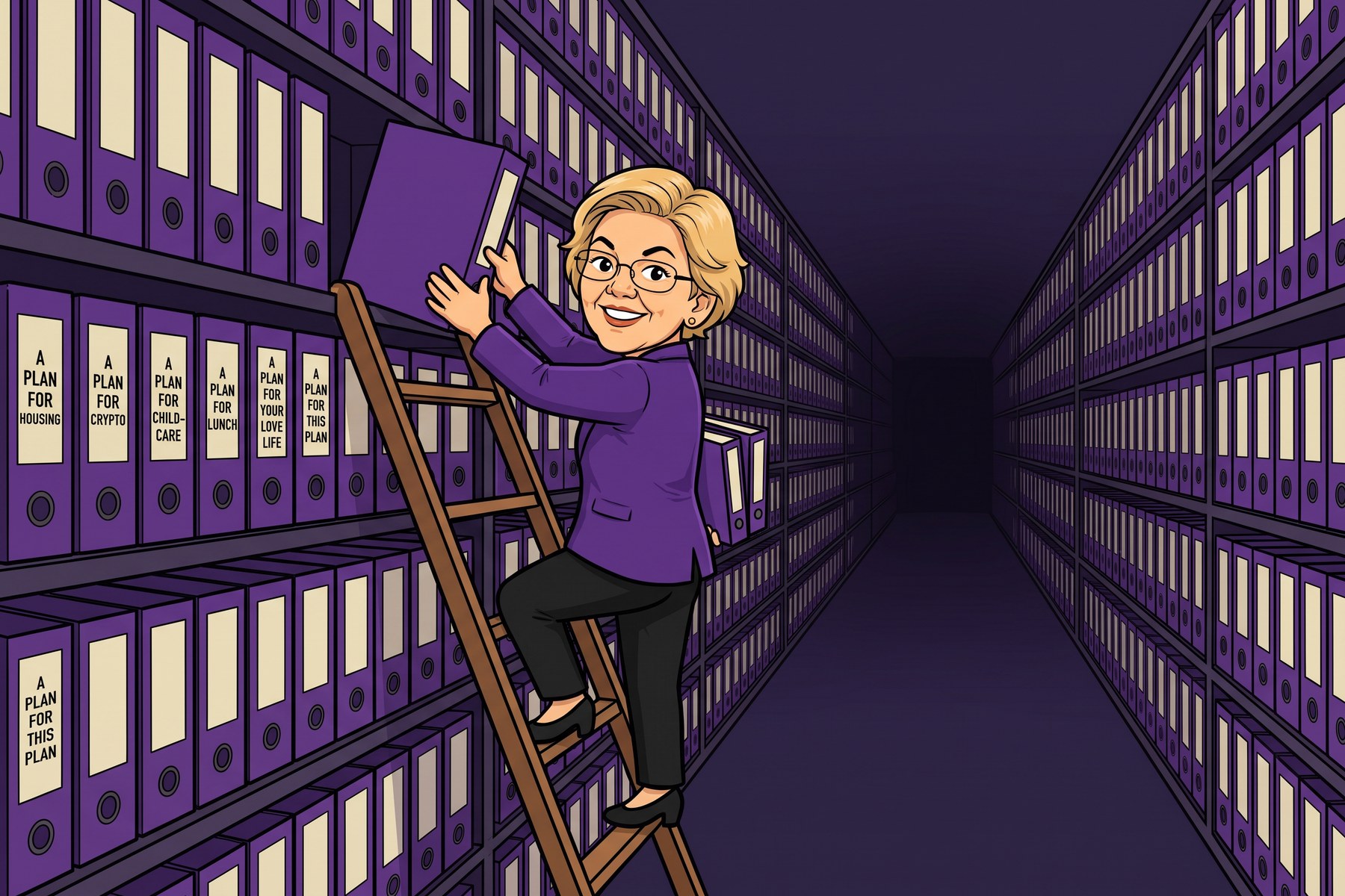 An archive of purple binders to the horizon, each labelled A PLAN FOR something